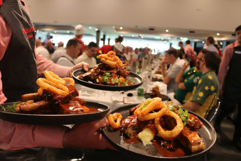 Plates of food being served.