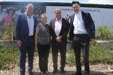 Anthony Ryan Youngcare CEO, Moreton Bay Regional Council Division 4 Councillor Julie Greer, Mayor Allan Sutherland and Father Bryan Roe Parish Priest Northlakes